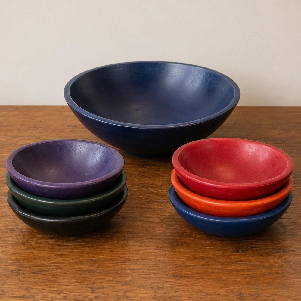 The Bowl Mill Vermont Hand Turned Painted Wood Salad Bowl Set 7 Piece Vintage